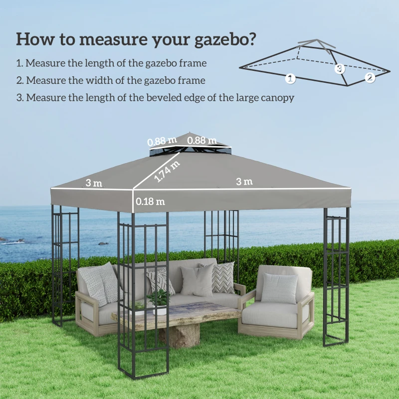 Outsunny Canopy Top 3 x 3 m Replacement Two-Tier Gazebo Canopy UPF30+ Drainage Holes Gray
