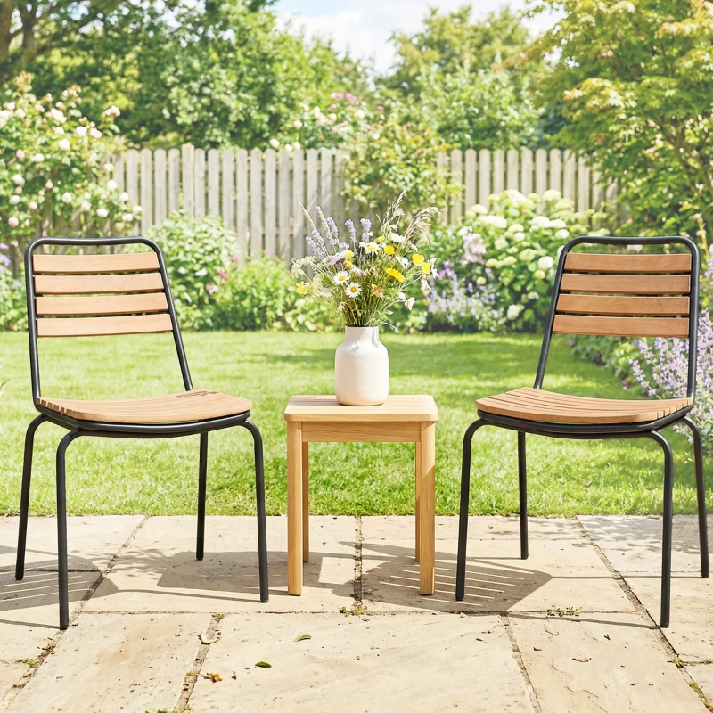 Outsunny Silla de jardín 2 unidades resistente a la intemperie Sillas de jardín de acero y madera apilable con respaldo hasta 160 kg Madera natural