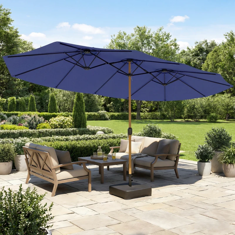 Outsunny Umbrelă Dublă cu 12 Spițe, Manivelă, Bază încrucișată și Saci de Nisip, 4,7x2,8 m, Albastru Închis