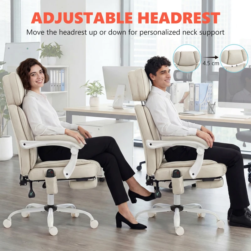 HOMCOM Wysokie krzesło biurowe z masażem wibracyjnym i podgrzewaniem, ergonomiczne, regulowane, z podnóżkiem, kremowobiały