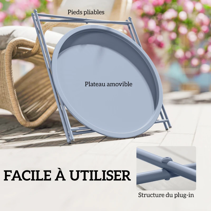 Outsunny Table Basse Ronde Table d'Appoint Plateau Amovible avec Bord Relevé Pieds Pliables en Métal Ø46x50cm Bleu Gris
