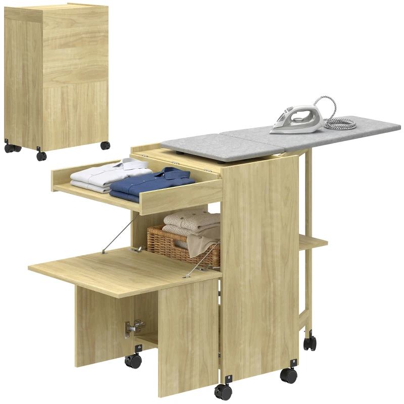 HOMCOM Armario con tabla de planchar plegable con soporte para plancha y prendas con compartimento abierto,154x55x87 cm, Madera Natural