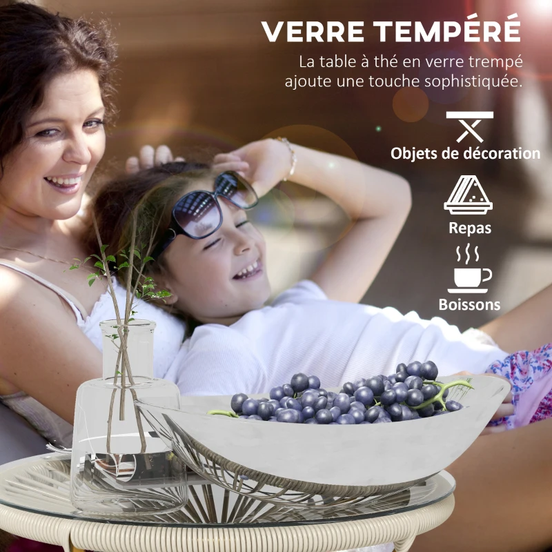 Outsunny Round Garden Coffee Table in Rattan-Effect Resin with Metal Frame and Tempered Glass Top Ø 50 x 50 cm Cream