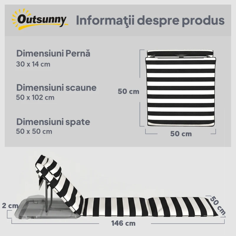 Outsunny Set 2 Șezlonguri de Plajă cu Tetieră Căptușită, din Metal și Țesătură Oxford, 150x50x2 cm, Gri și Alb