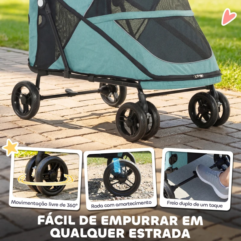 PawHut Carrinho para Cães Dobrável com um Botão até 30 kg com Suspensão nas 4 Rodas Giratório e Travão de Pé Turquesa