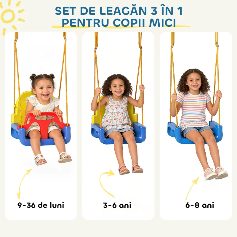 AIYAPLAY Leagăn de Grădină pentru Copii 3-în-1, Leagăn pentru Bebeluși Interior și Exterior, Înălțime Reglabilă, Cadru Pliabil din Oțel, Centură de Siguranță, Ușor de Montat, 9 Luni - 8 Ani, Albastru