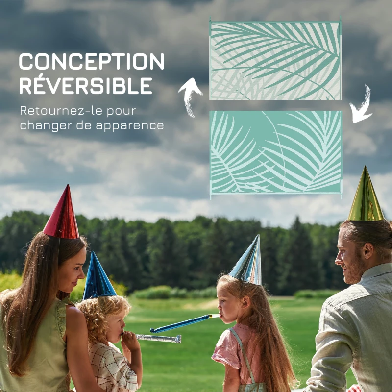 Outsunny Reversible Outdoor Garden Mat 365L x 274l cm Waterproof Leaf Pattern with Carry Bag, Green Cream