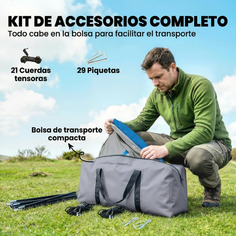 Outsunny Tienda de Campaña Familiar Tipo Túnel para 4 Personas con 3 Habitaciones Puerta 4 Ventanas Impermeable Fácil Montaje