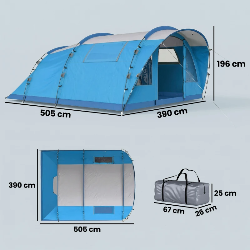 Outsunny Tenda de Campismo Familiar Tipo Túnel para 4 Pessoas com 2 Quartos Porta 4 Janelas Impermeável Montagem Fácil Azul