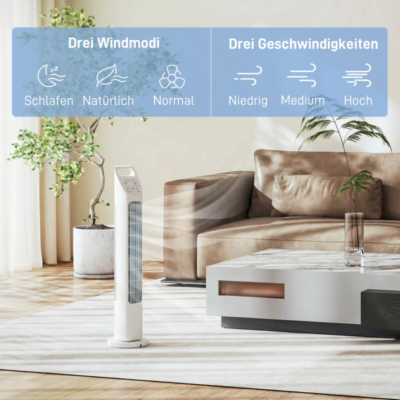 HOMCOM Turmventilator mit Fernbedienung, 7,5-Stunden-Timer, leiser Ventilator für Schlafzimmer, Weiß