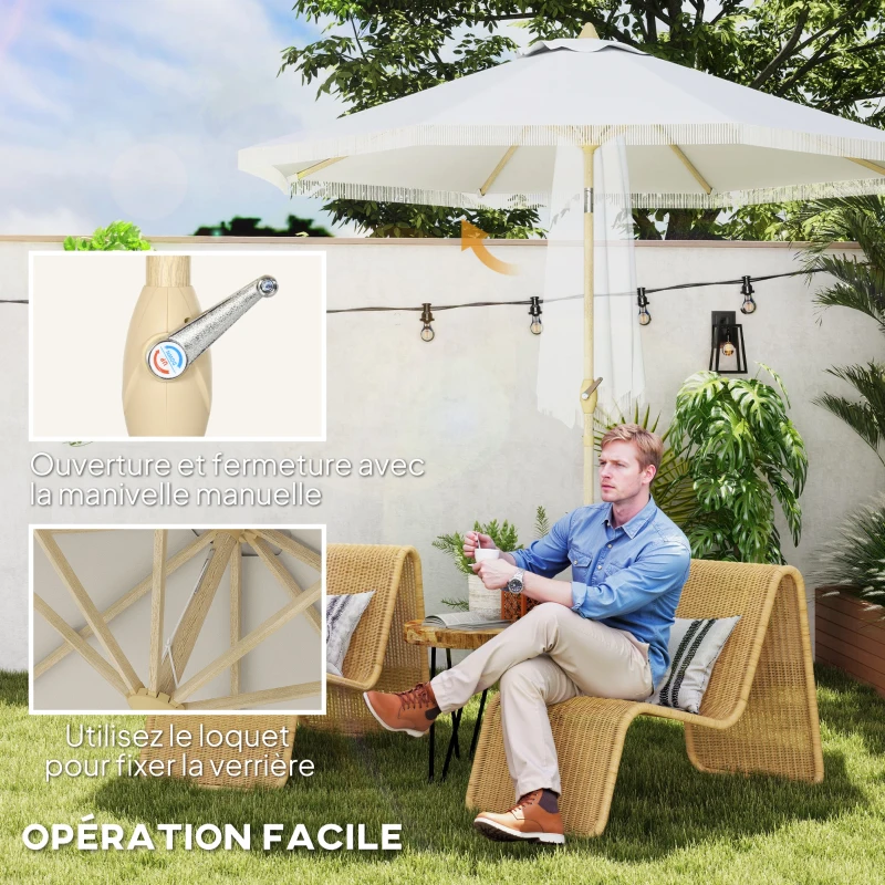Outsunny Tilting Garden Parasol with Crank and Fringe, Bohemian Style, 8 Ribs, Ø 265 x 244 cm, White