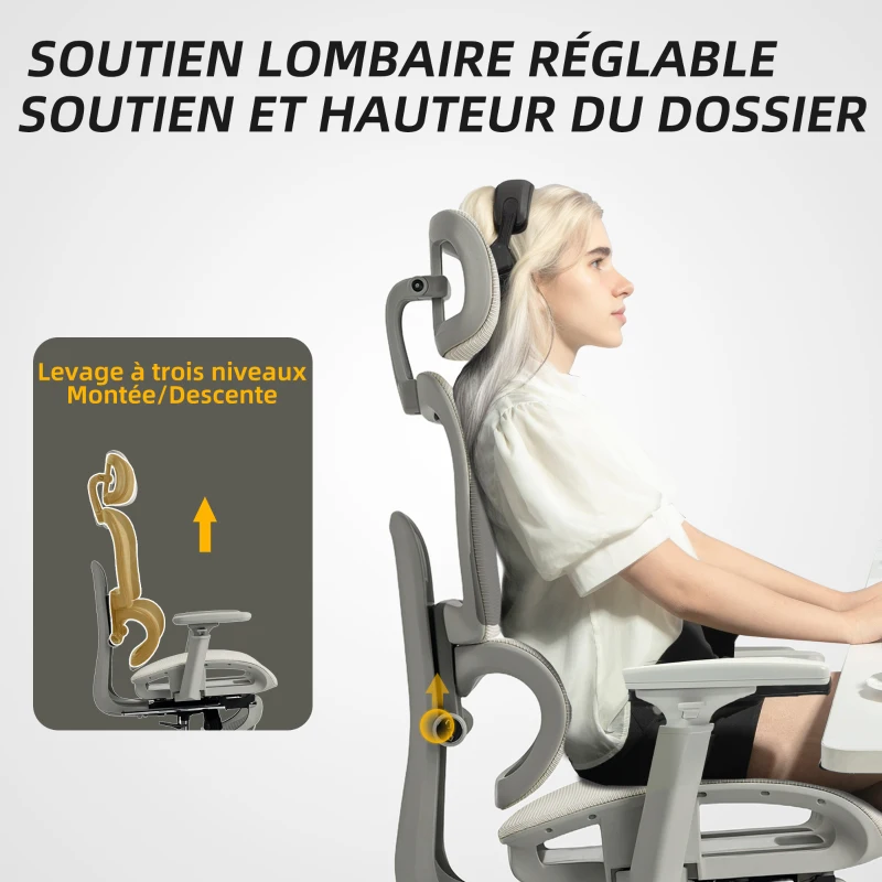 HOMCOM Chaise de bureau ergonomique en maille, fauteuil de bureau inclinable, accoudoirs 3D, appui-tête réglable, beige