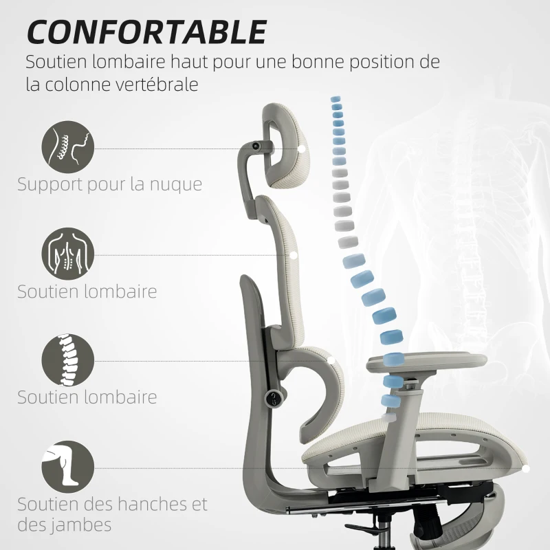 HOMCOM Chaise de bureau ergonomique en maille, fauteuil de bureau inclinable, accoudoirs 3D, appui-tête réglable, beige