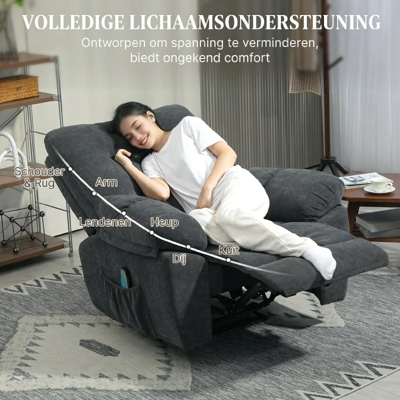 HOMCOM Relaxstoel met Massage, 8 Vibratiepunten, Verstelbare Voetsteun, Zijvak, Ligstoel, Grijs(m-8)