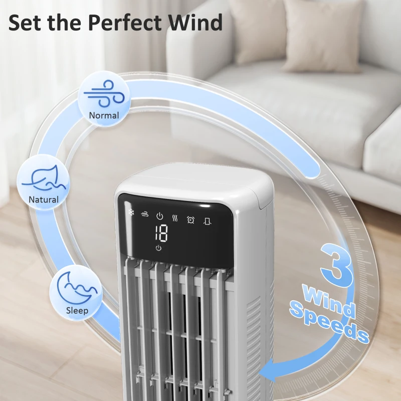 HOMCOM Przenośny klimatyzator, 3-w-1 klimatyzator parowy z 9-litrowym zbiornikiem na wodę, oscylacja 48°, 3 prędkości, 3 tryby, biały