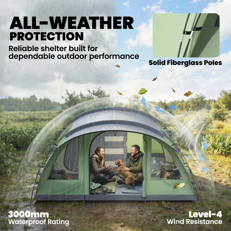 Outsunny Namiot Tunelowy 4-osobowy Rodzinny z 2 Sypialniami, Przedsionkiem, 4 Okna, Podłogą, Wodoodporny 3000 mm