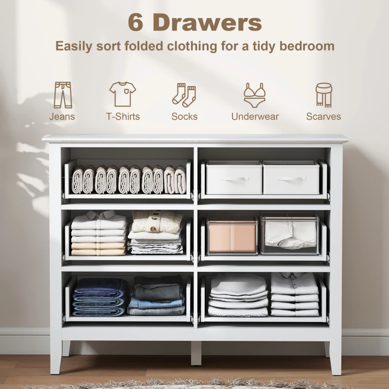 HOMCOM Fluted Dresser, 6 Drawer Chest of Drawers for Bedroom, Living Room, Hallway, Closet, White