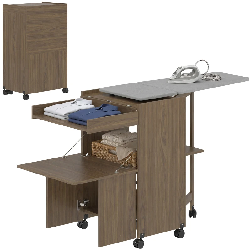 HOMCOM Armoire-table à repasser pliable avec porte-fer et rangement pour vêtements avec compartiment ouvert,154x55x87 cm, Marron