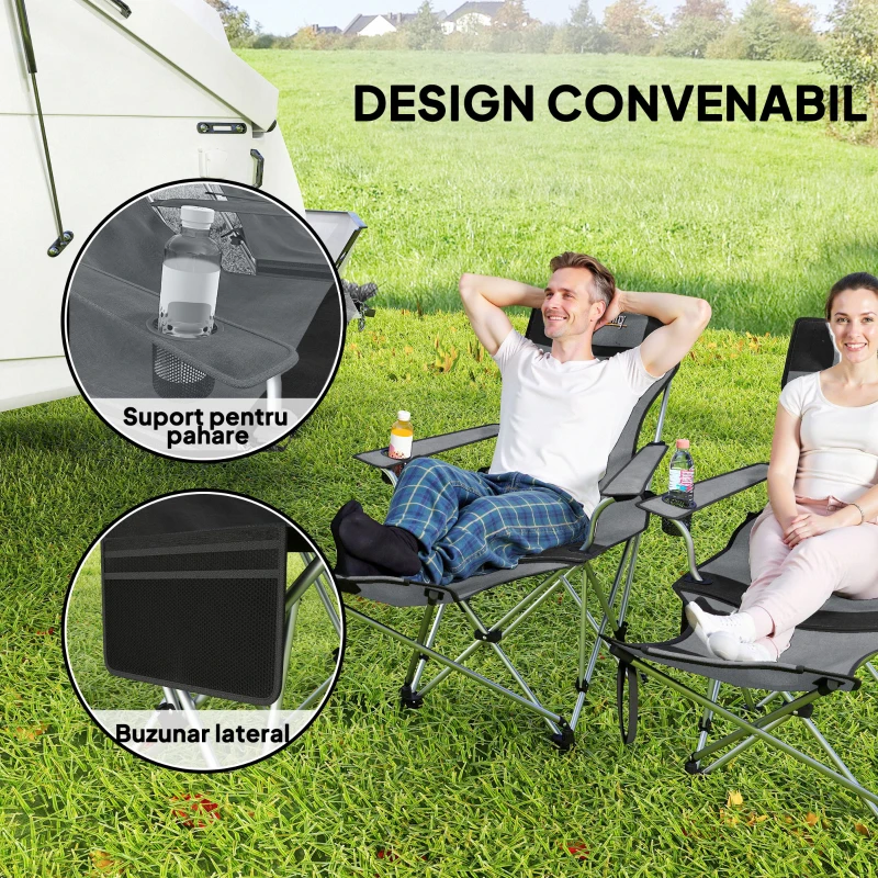 Outsunny Set de 2 Scaune de Camping Pliabile cu Suport pentru Picioare Detașabil, 82x100x88 cm, Negru