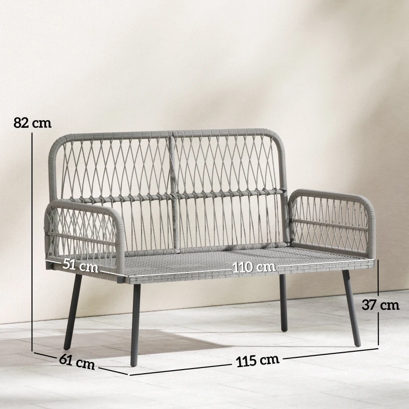 Outsunny 2-Seater Woven Resin Garden Sofa with Cushions and Pillows, Outdoor Sofa with Armrests, Dark Gray