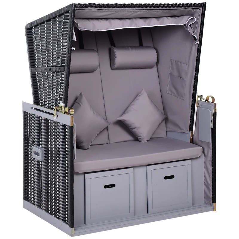 Outsunny Strandstoel dubbele ligstoel met beschermhoes voor bekerhouders PE rotan grijs