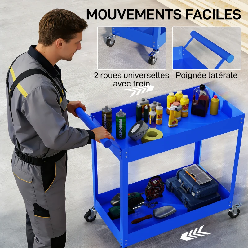 DURHAND 2-Tier Workshop Trolley, Side Handle and Lockable Wheels, 84.5x38x84 cm, blue