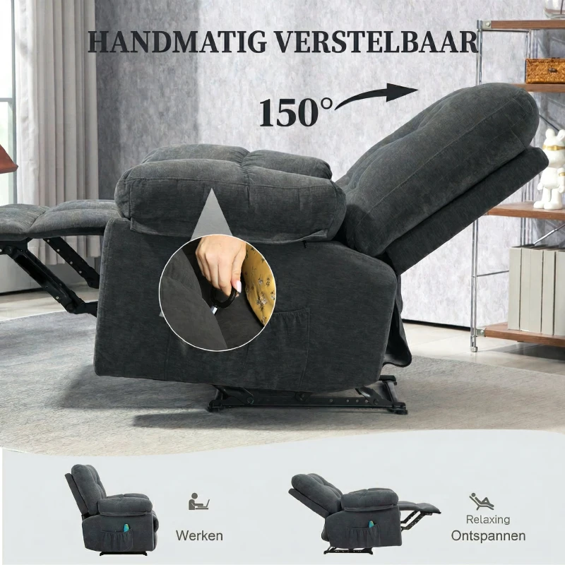 HOMCOM Relaxstoel met Massage, 8 Vibratiepunten, Verstelbare Voetsteun, Zijvak, Ligstoel, Grijs(m-5)