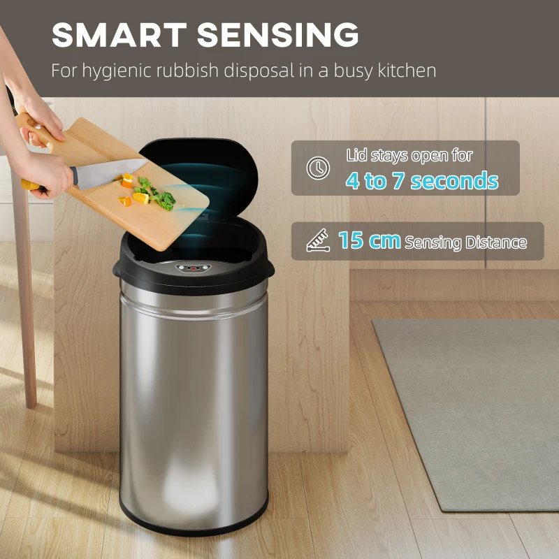 HOMCOM 50-litrowy kosz na śmieci z funkcją Soft-Close, bezdotykowy kosz ze stali nierdzewnej dla higienicznych kuchni, biur, kolor srebrny