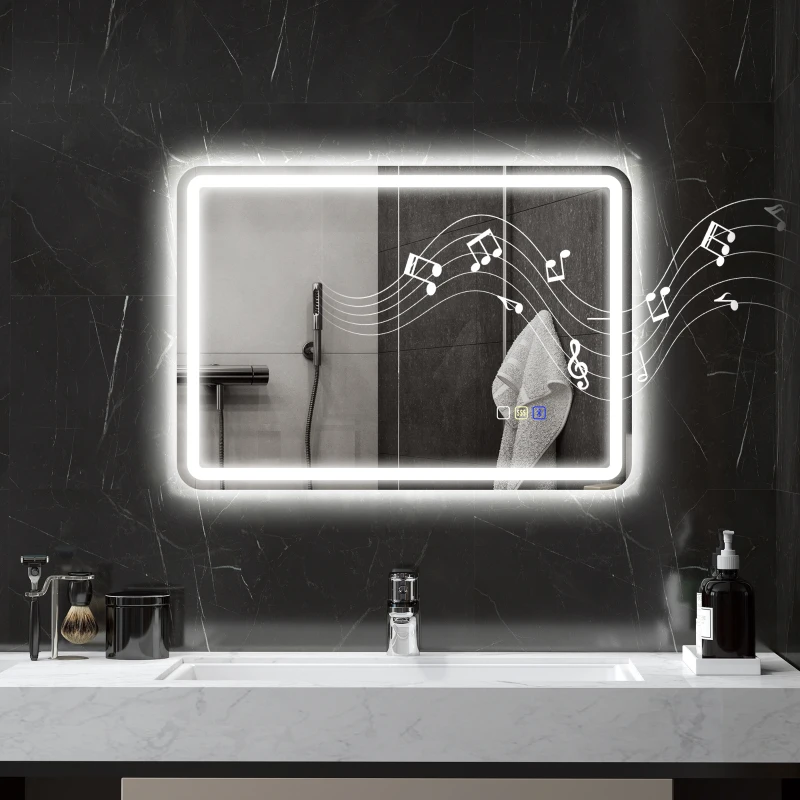 HOMCOM 500 x 700 mm Bluetooth Bathroom Mirror with LED Lights, Illuminated Backlit Wall Mounted Vanity Mirror with 3 Colours Dimmable, Anti-Fog, Memory & Touch Switch, IP44