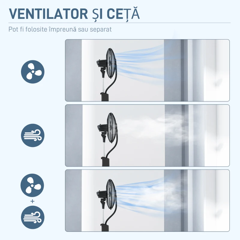 HOMCOM, Ventilator pe Picior, cu Pulverizare de Apă, Metal, ABS, 44.5 x 38.5 x 120 cm, Negru