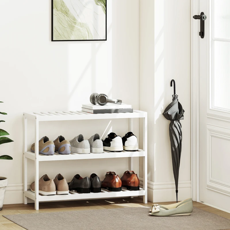 HOMCOM 3-Tier Bamboo Shoe Rack, Freestanding Shoe Shelf for Hallway, Entryway, Living Room, Holds 9 Pairs, Easy Assembly, White