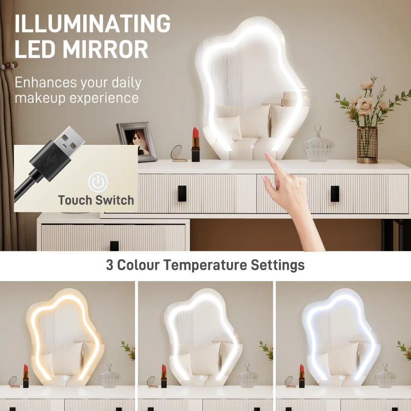 HOMCOM Dressing Table, Vanity Desk with Leaf Shape Mirror, Makeup Table with 5 Drawers, 3-Colour LED Lights, 100x40cm Tabletop, White