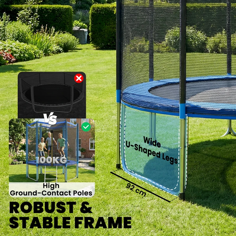 SPORTNOW Trambulină Elastică pentru Adulți Ø244cm, Covor Elastic pentru Adulți cu Plasă de Protecție, Scară cu 2 Trepte, Protecție pentru Arcuri, Structură din Oțel, Capacitate 100kg, Albastru