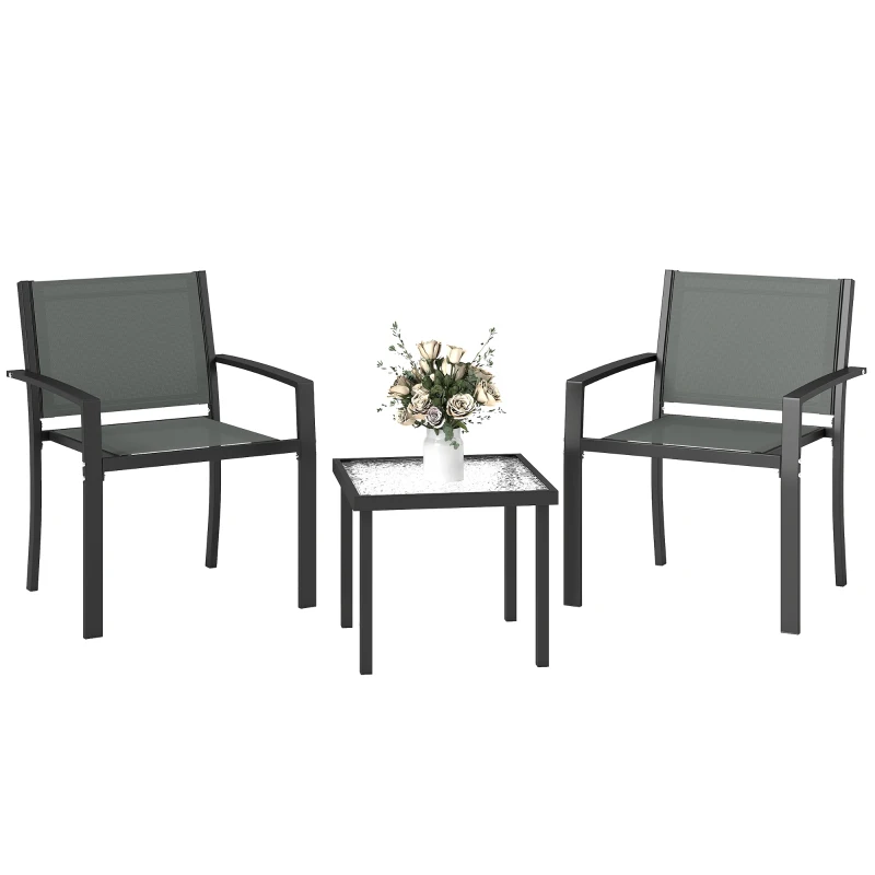 Outsunny Conjunto de Mesa e Cadeiras com 3 peças Conjunto de Jardim 2 Cadeiras de Textilene e Mesa de Vidro  Cinza Claro