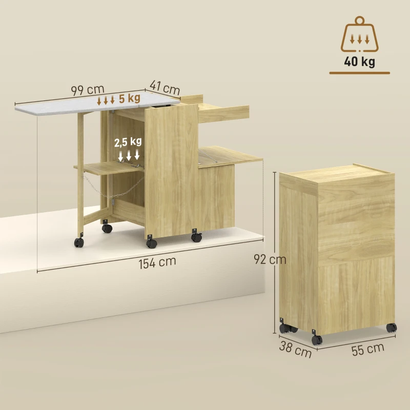 HOMCOM Armario con tabla de planchar plegable con soporte para plancha y prendas con compartimento abierto,154x55x87 cm, Madera Natural