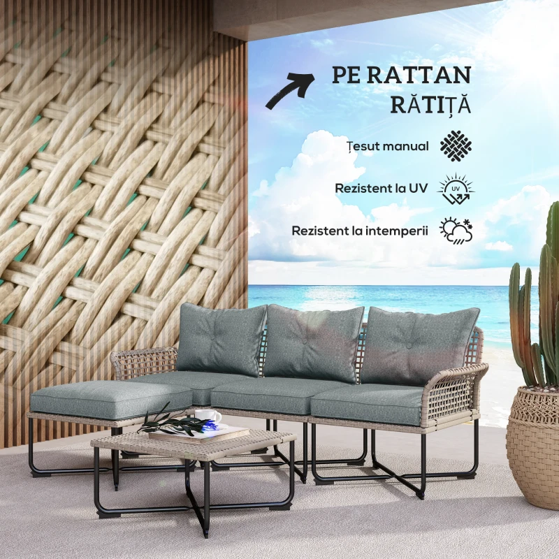 Outsunny Set de Grădină 5 Piese din Ratan cu 2 Scaune Laterale, Scaun Central și 2 Tabluri/Măsuțe de Cafea(m-4)