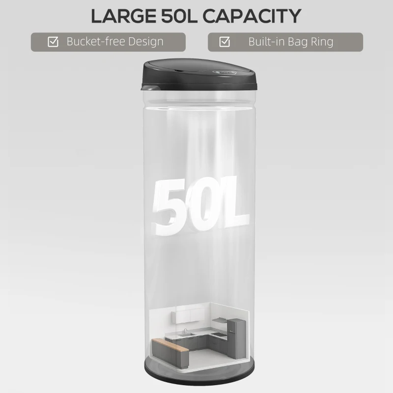 HOMCOM 50-litrowy kosz na śmieci z czujnikiem i funkcją Soft-Close, bezdotykowy kosz ze stali nierdzewnej dla higienicznych kuchni, biur, w kolorze srebrnym