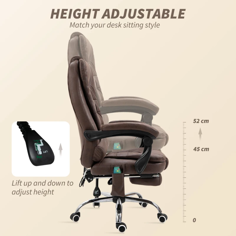 Vinsetto Masujący Fotel Biurowy z Funkcją Leżenia i Ogrzewania, Obrotowy, Ergonomiczny, do 120 kg, Brązowy