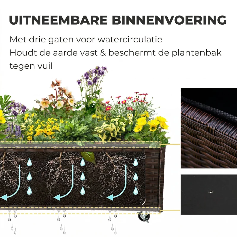 Outsunny polyrattan verhoogd bed met wielen plantenbak met afvoergaten plantenbak bloembak koffie bruin 94,5 x 31 x 36 cm