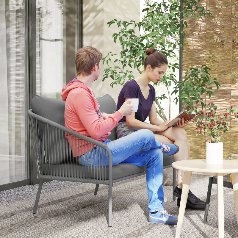 Outsunny 2-Seater Resin Wicker Garden Sofa with Cushions, Outdoor Sofa with Armrests, Steel Frame, 112x72x76cm Grey