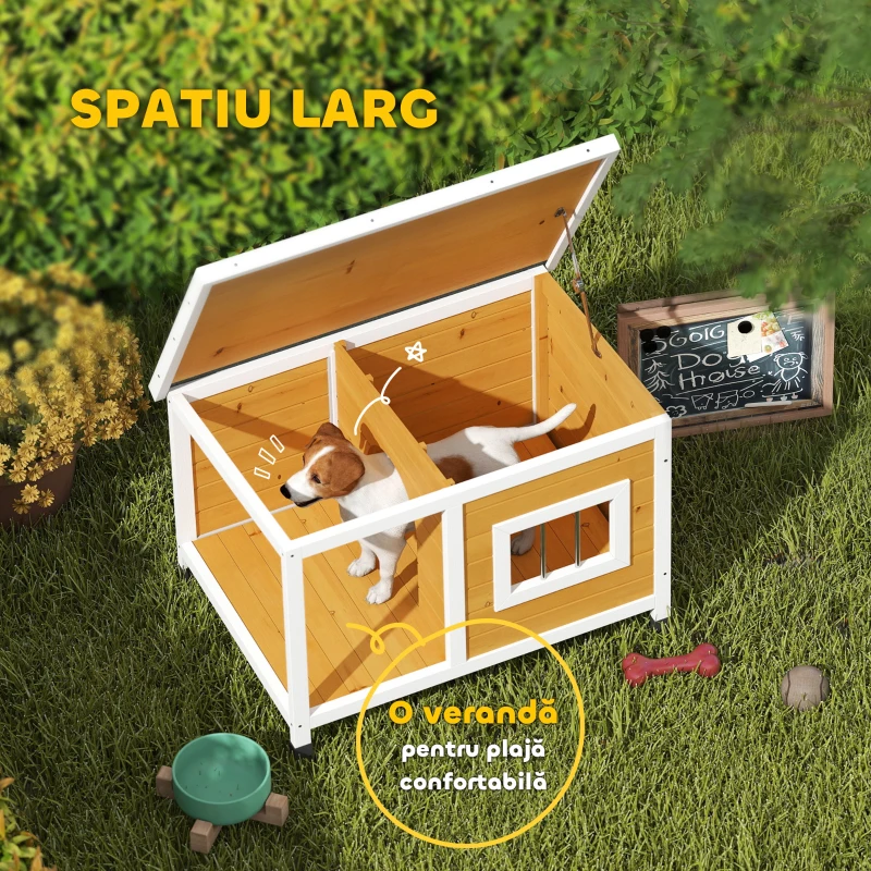 PawHut Cușcă pentru câini de exterior din lemn de brad cu verandă acoperită și acoperiș înclinat, 85.5x62x60 cm, multicolor