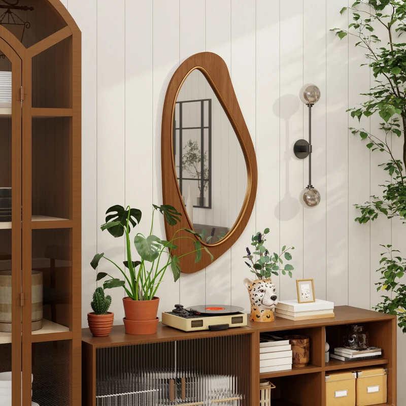 HOMCOM Asymmetric wall mirror 91.5 x 45 cm, modern hanging mirror, wooden frame, natural wood effect