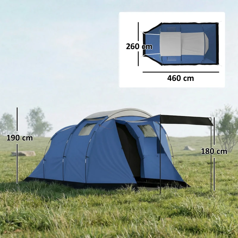 Outsunny Tenda de Camping Túnel para 4 Pessoas Impermeável 3000 mm Dupla Camada Anti-Condensação Altura 190 cm Azul Escuro