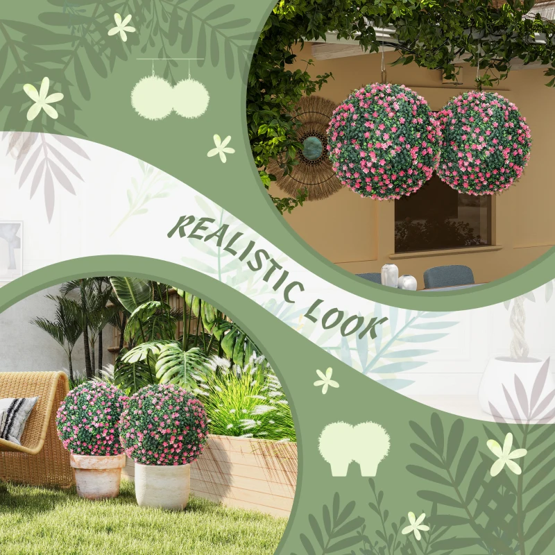 HOMCOM Set of Two Artificial Boxwood Balls Plants - Pink