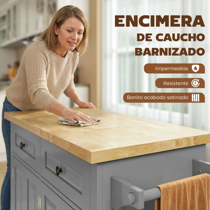 HOMCOM Isla de Cocina con Ruedas Mueble Auxiliar de Cocina con Especiero y Barra Lateral 111x44,5x82,5 cm Gris