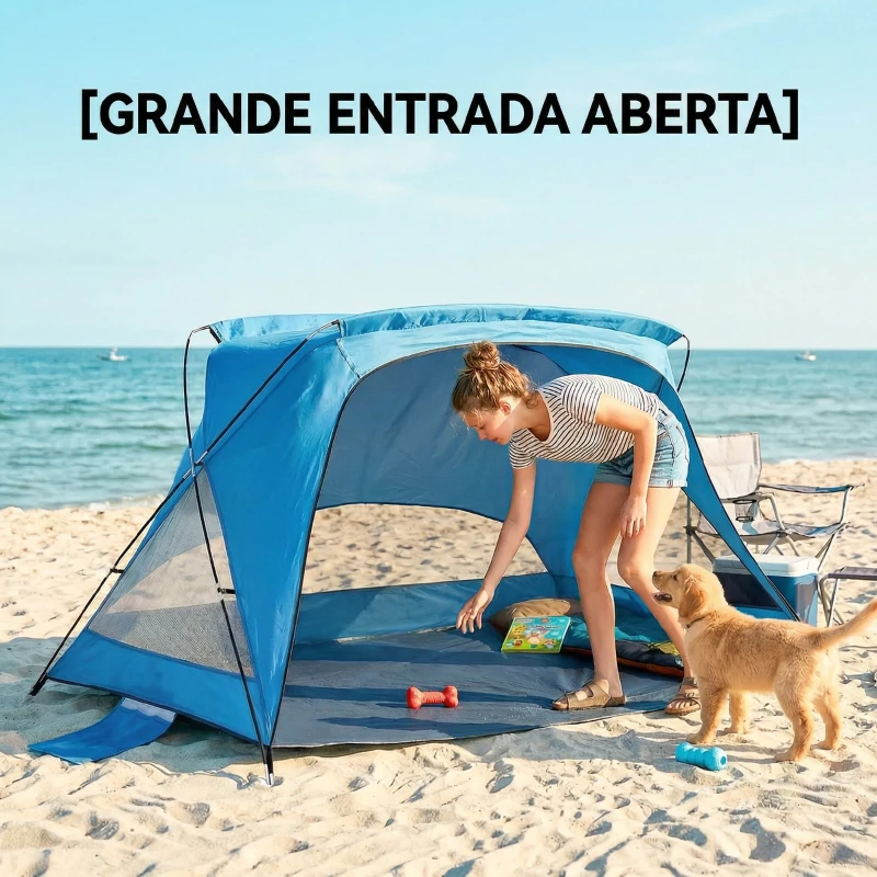 Outsunny Tenda de Praia para 2-3 Pessoas com Sacos de Areia Porta Janelas UPF30+ Bolsa de Transporte e Bolso Azul Celeste