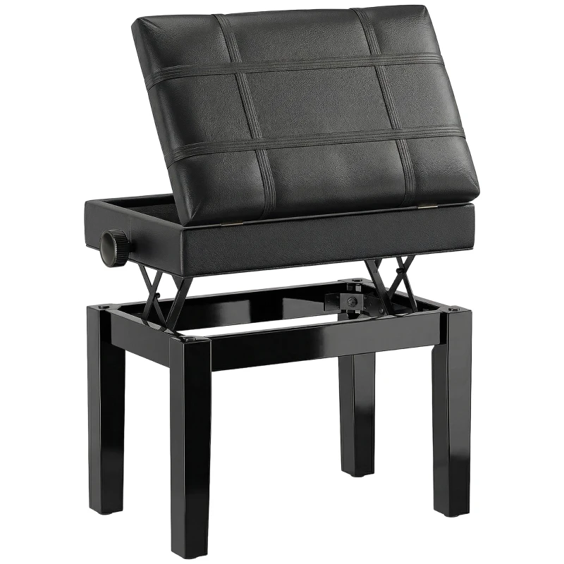 HOMCOM Banquette tabouret siège pour piano coffre intégré hauteur réglable bois hévéa assise revêtement synthétique noir
