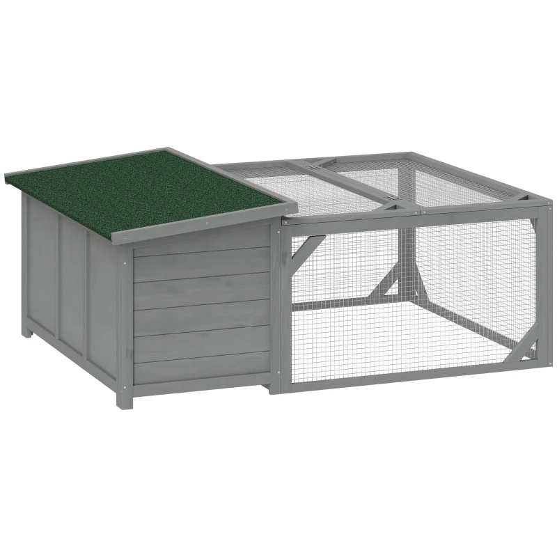 PawHut Abrigo para coelhos canil de madeira gaiola para coelhos com telhado de betume rebatível, recinto de exercício, portas 125,5x100x49 cm Cinza