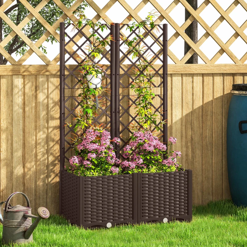 Outsunny Planter with Trellis Raised Garden Bed Outdoor Planter with 6 Drainage Holes 80 x 40 x 135 cm brown