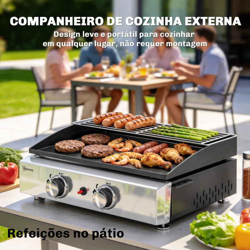 Outsunny Barbecue a Gás com 2 Queimadores de 5 kW Barbecue Portátil com Placa Grelha de Aquecimento e Recipiente para Gordura Preto